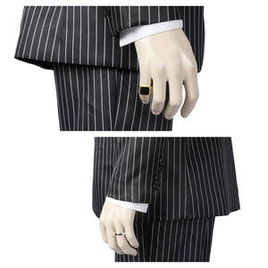 Dual close - up of the Gomez Adams cosplay suit’s hand accessories and blazer cuffs, highlighting rings and button details, against a plain white background.