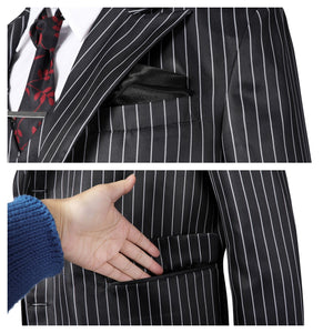 Dual view of the Gomez Adams cosplay blazer’s pocket square and pocket, with a hand demonstrating the pocket functionality, against a plain white background.