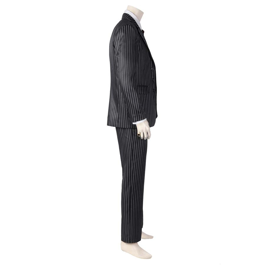 Side perspective of the Gomez Adams cosplay suit, showcasing the blazer’s length, trouser fit, and overall silhouette, with a plain white background.