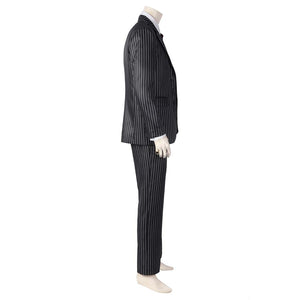 Side perspective of the Gomez Adams cosplay suit, showcasing the blazer’s length, trouser fit, and overall silhouette, with a plain white background.
