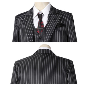 Close - up of the Gomez Adams cosplay vest, shirt, and tie, highlighting the floral tie design and tie clip, against a plain white background.