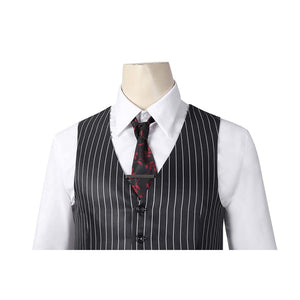 Close - up of the Gomez Adams cosplay vest, shirt, and tie, highlighting the floral tie design and tie clip, against a plain white background.