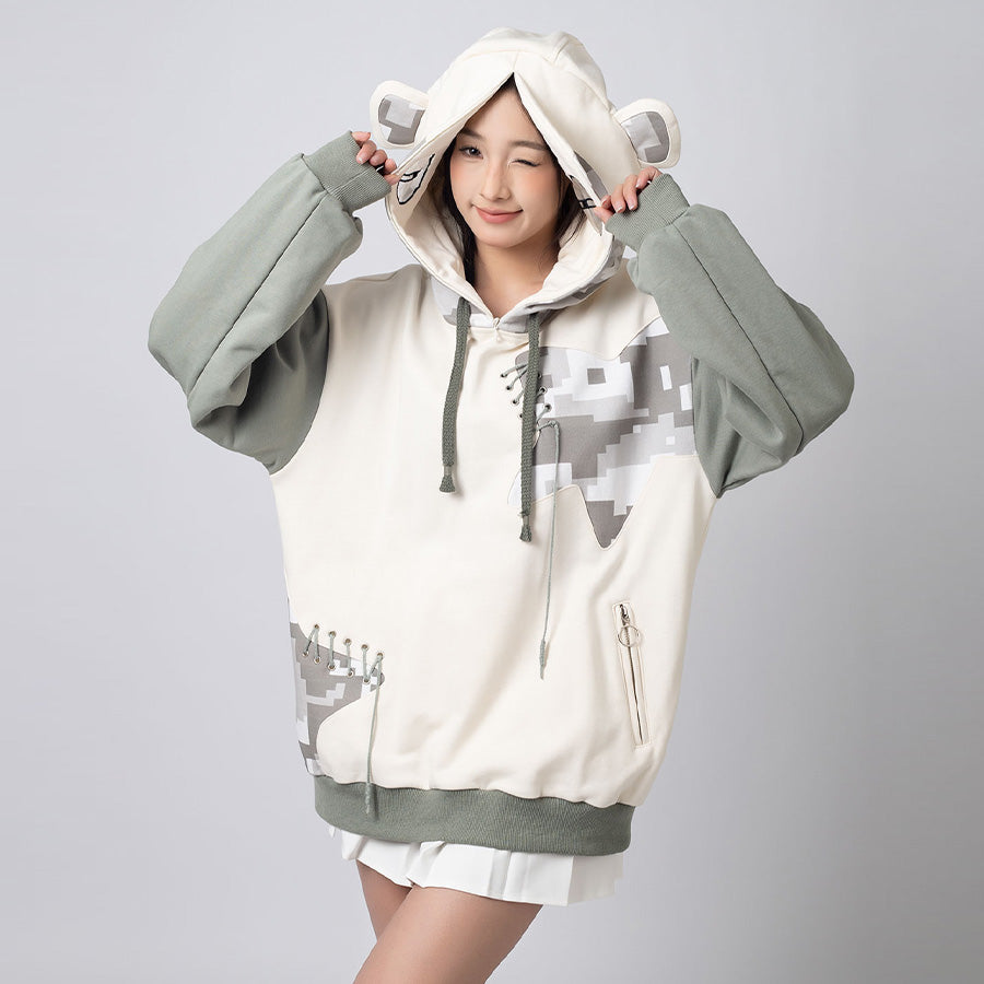 Person wearing adorable gorilla Full Zip Hoodie with gray sleeves and white body, playfully holding hood ears