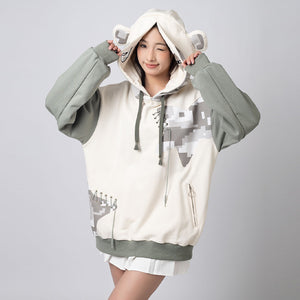 Person wearing adorable gorilla Full Zip Hoodie with gray sleeves and white body, playfully holding hood ears