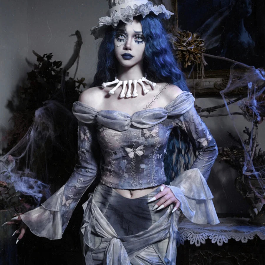 Gothic Butterfly Tie-Dye Off-Shoulder Top