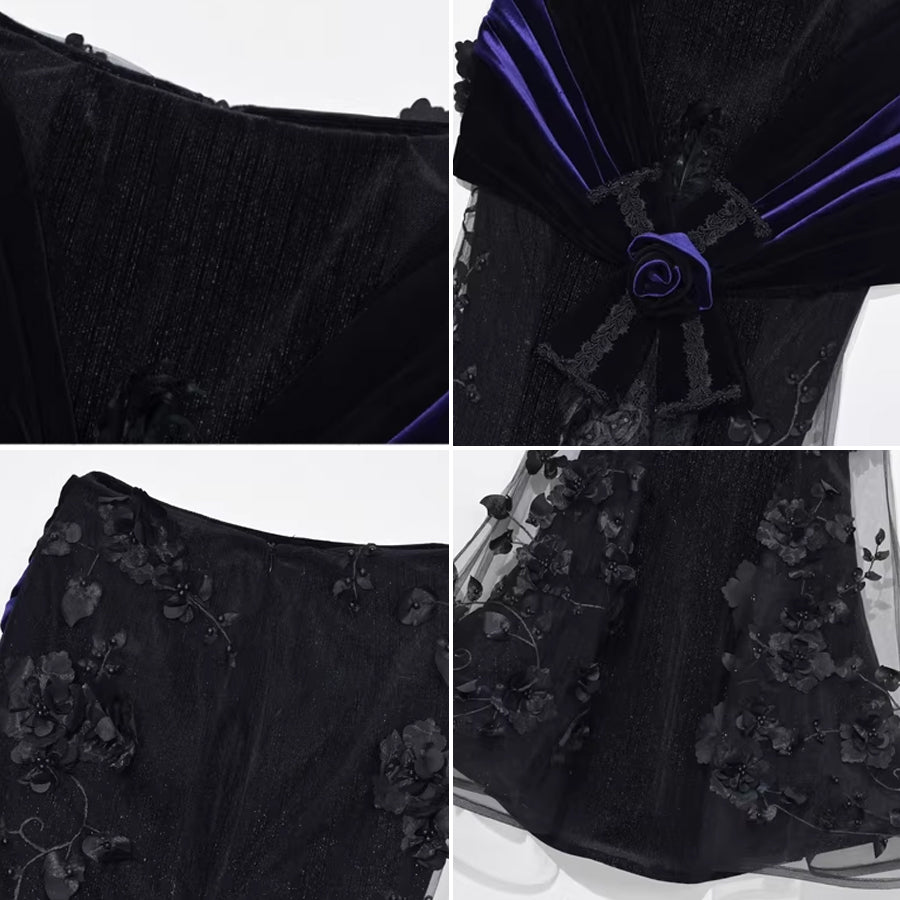 Four-panel close-up showing fabric details: pleated black textile, purple velvet sash with beaded rose, and lace floral applique.