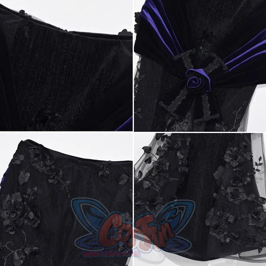 Four-panel close-up showing fabric details: pleated black textile, purple velvet sash with beaded rose, and lace floral applique.