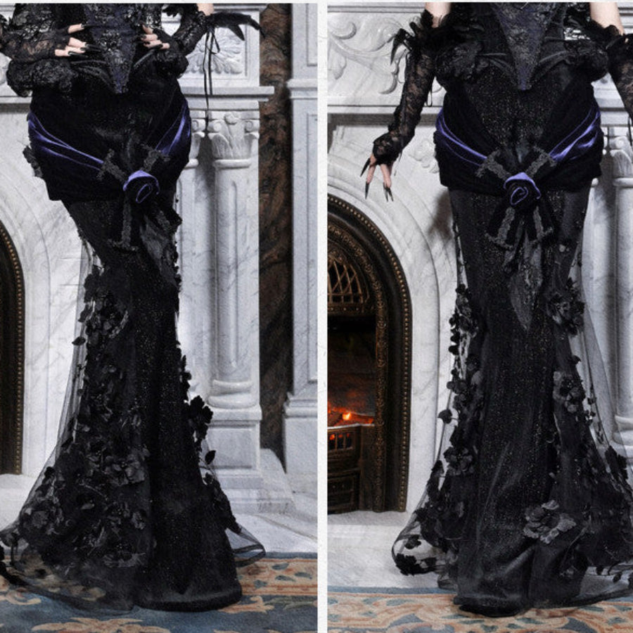Two-angle view of a gothic black mermaid skirt showing floral lace applique on the hem, with a purple velvet sash.