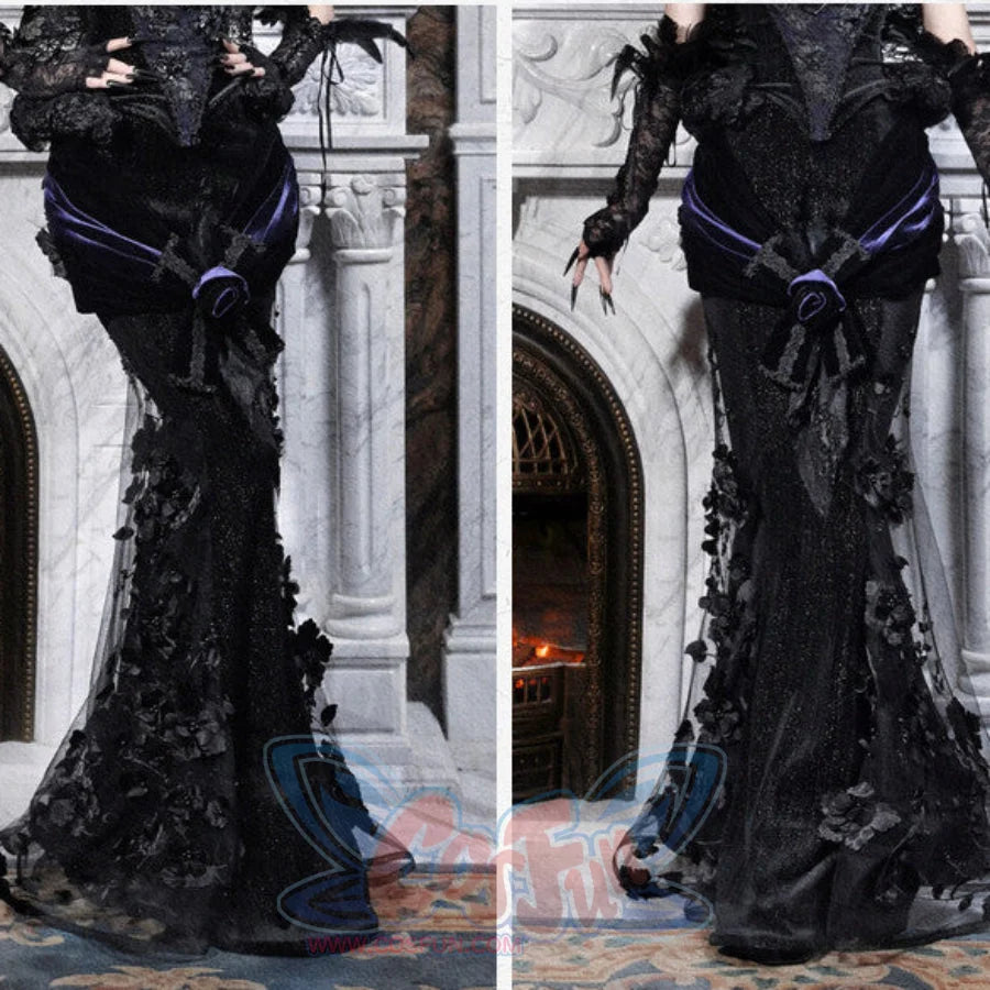 Two-angle view of a gothic black mermaid skirt showing floral lace applique on the hem, with a purple velvet sash.