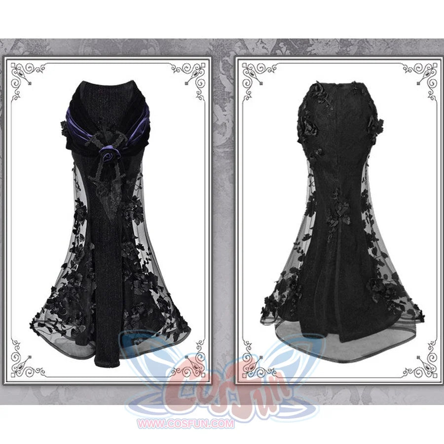 Two-panel comparison showing front and back views of gothic black lace mermaid skirt on a mannequin form.