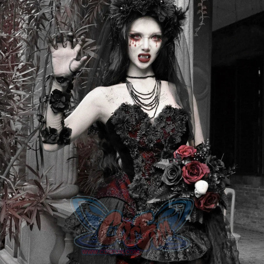 Model wearing a black gothic velvet strapless corset bustier top with lace-up front, floral details, and layered necklaces.