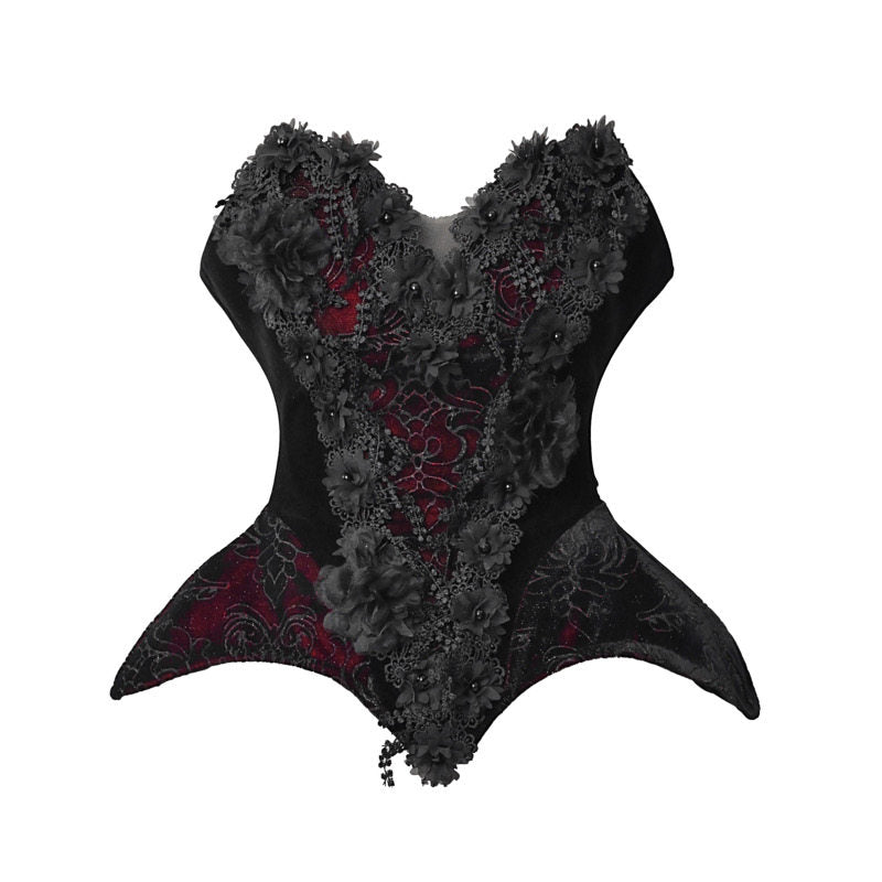 Gothic corset bustier top on white background with black velvet body, red brocade panel, and 3D floral embellishments.