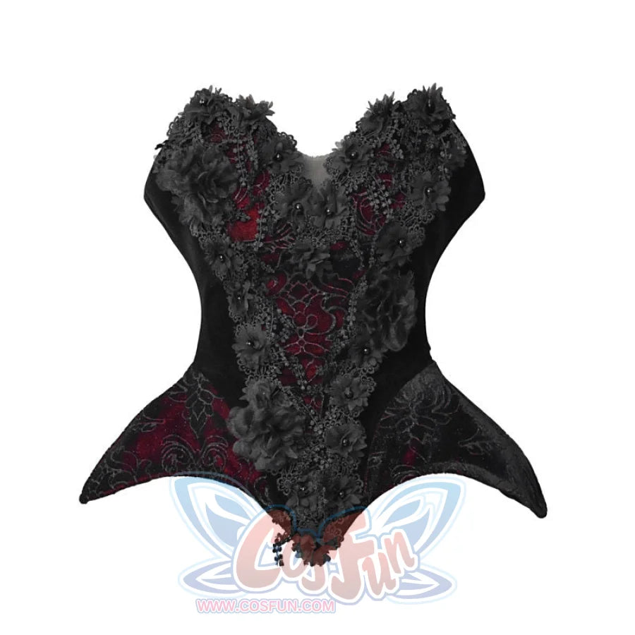 Gothic corset bustier top on white background with black velvet body, red brocade panel, and 3D floral embellishments.