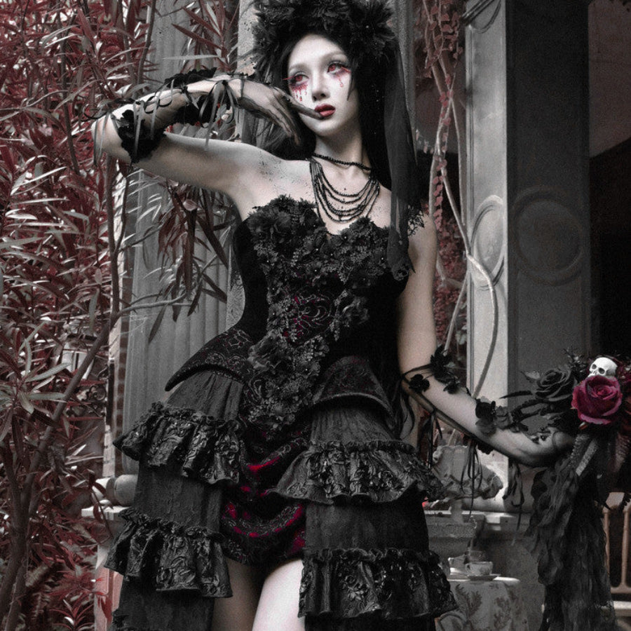 goth dress with corset Elegy Day Gothic Velvet Lace-Up Bustier Strapless Top, Corset / S hugging your curves in Stunning Red Zara Dress slimming pleated split Size:US22-UK24-EUR52