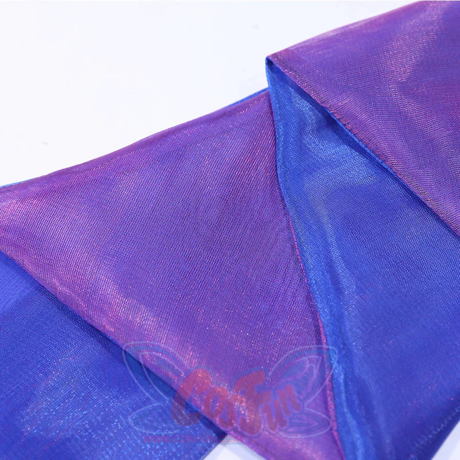 Guinevere punk costume shimmering layered side sash in color-block tones.