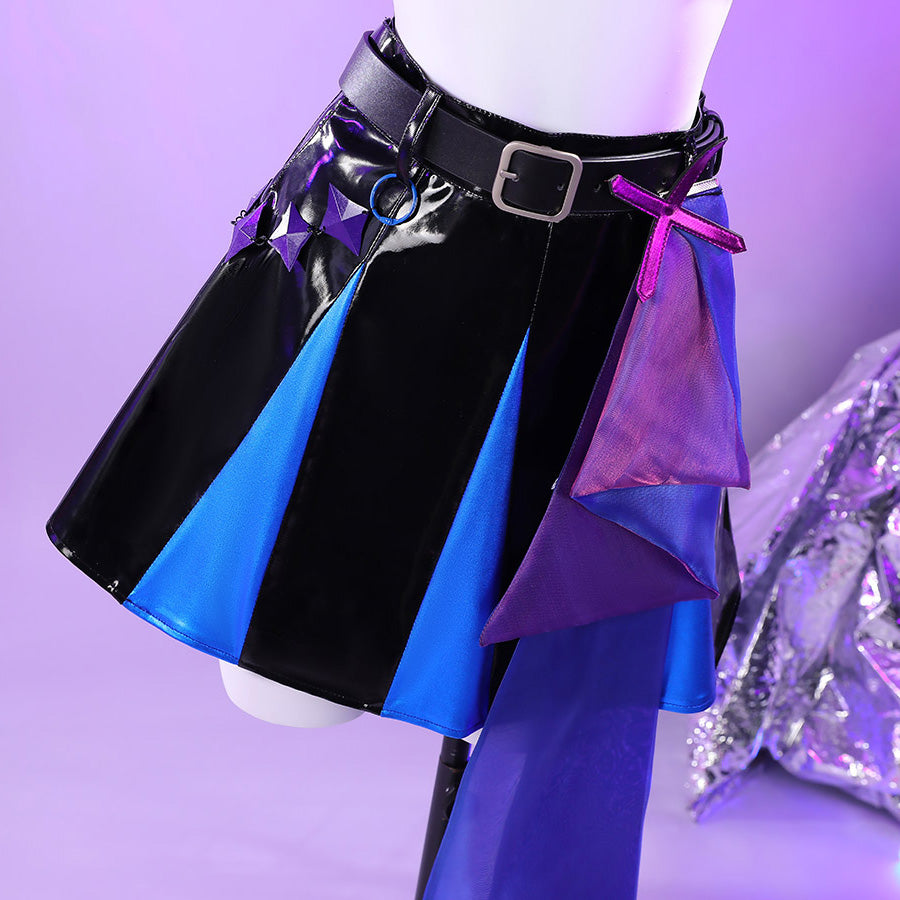 Guinevere punk costume mini skirt with shiny black fabric patched with blue and purple panels.