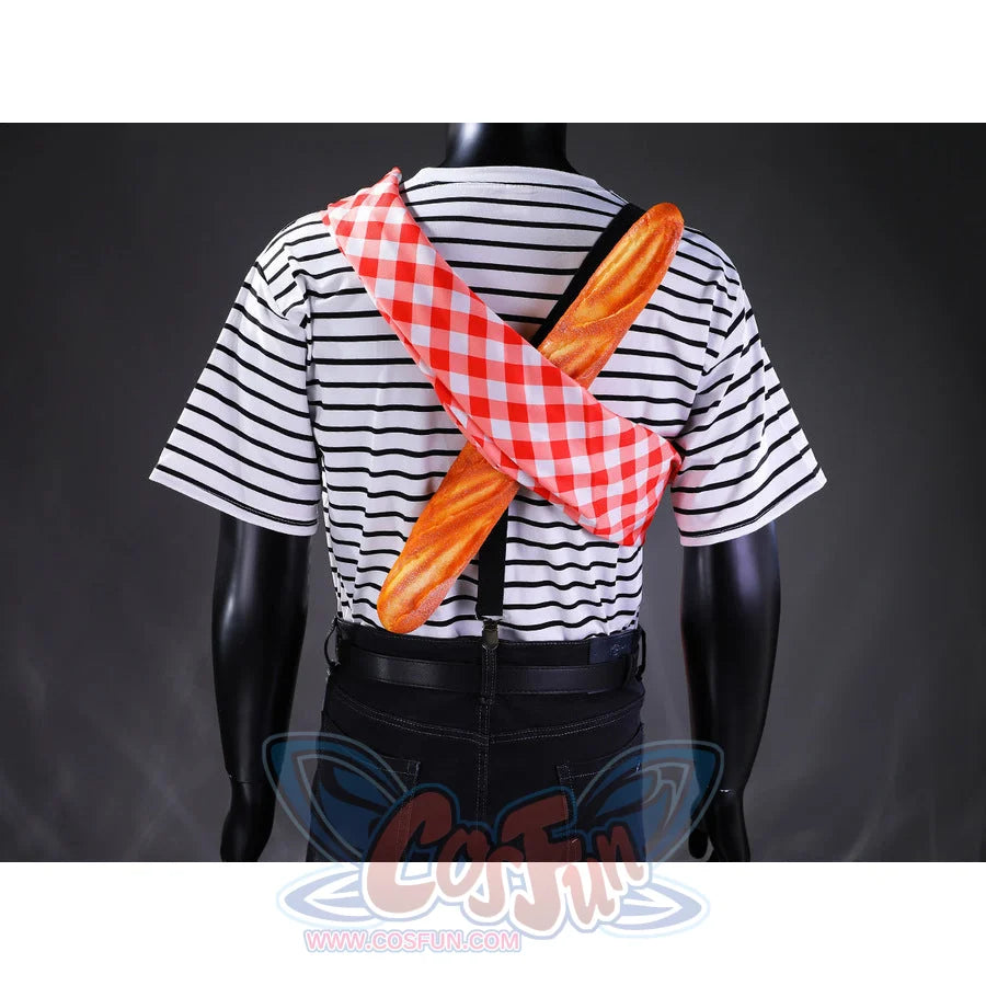 Gustave cosplay back detail showing a baguette and red checkered scarf crossed diagonally over the striped shirt