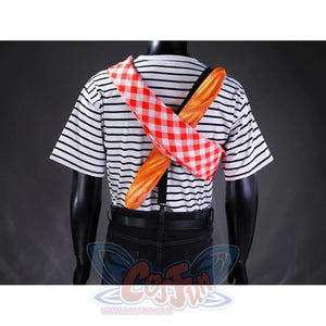 Gustave cosplay back detail showing a baguette and red checkered scarf crossed diagonally over the striped shirt