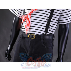 Gustave cosplay waist detail with black belt, gold buckle, suspenders, and red checkered scarf knot
