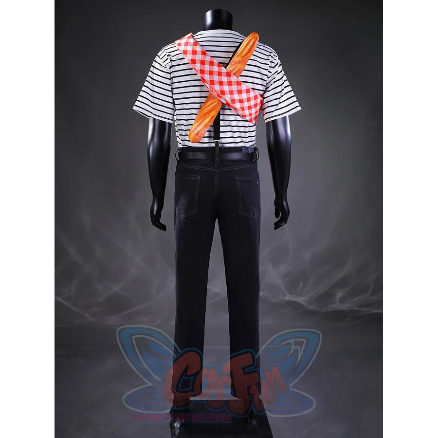 Gustave cosplay full outfit back view showing baguette and red checkered scarf crossed over striped shirt with dark pants