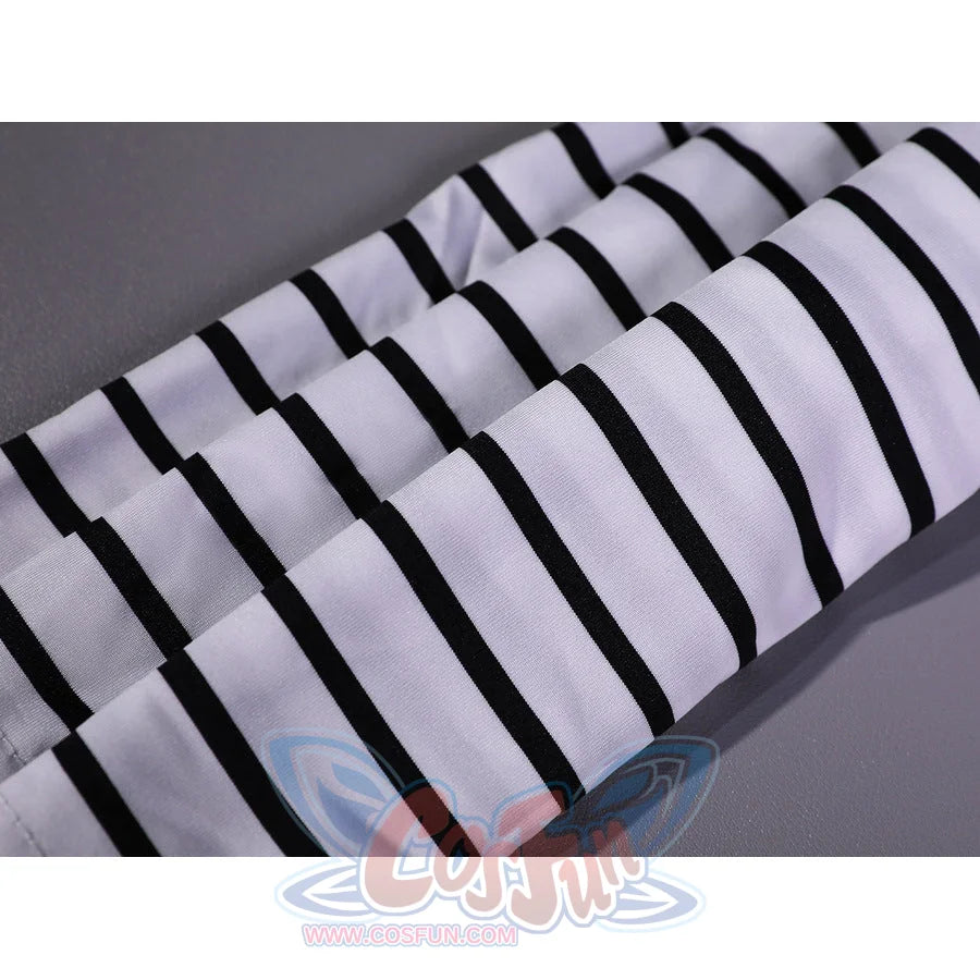 Gustave cosplay striped t-shirt fabric close-up showing black and white stripe pattern and material texture