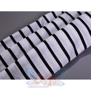 Gustave cosplay striped t-shirt fabric close-up showing black and white stripe pattern and material texture