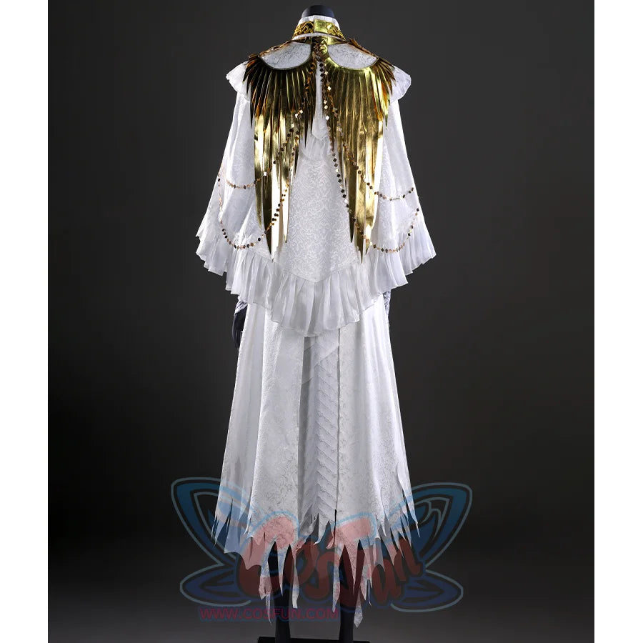 Close - up rear perspective of Gwyndolin’s cosplay, emphasizing the elaborate gold wing structures and patterned white fabric.