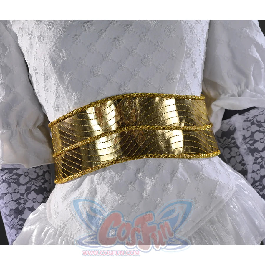 Front view of Gwyndolin cosplay Costume&#39;s belt, a wide gold metallic belt with regular wavy stitching on the surface