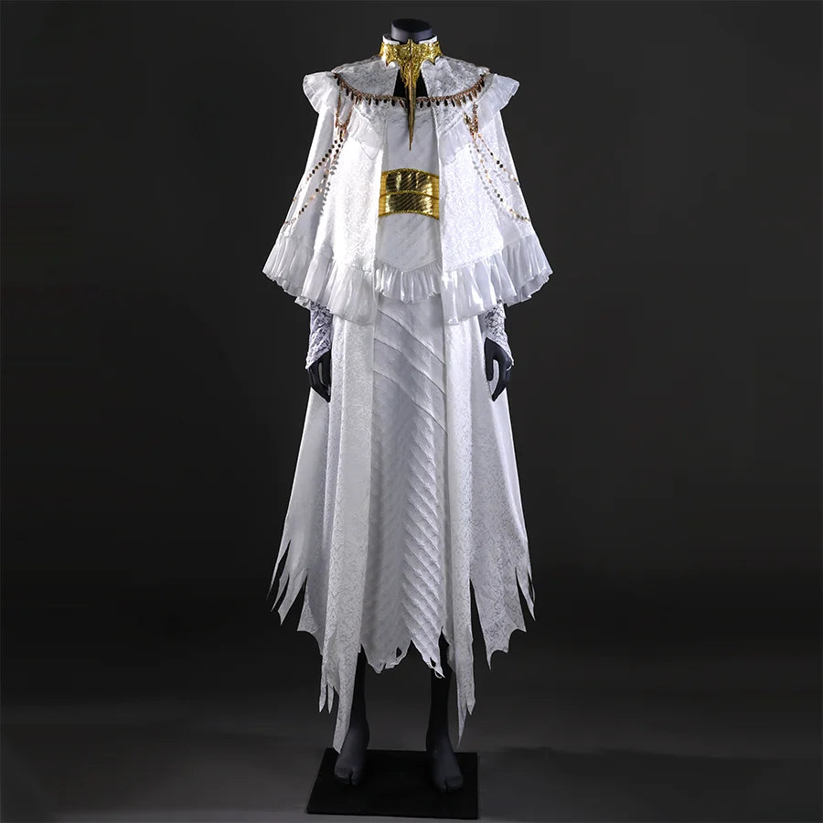 A mannequin showcases the complete Gwyndolin cosplay outfit, featuring an ornate white robe with gold accents and intricate details, set against a dark backdrop.