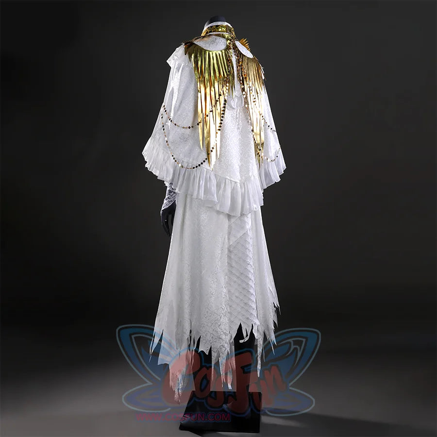 Side view of the Gwyndolin cosplay costume, highlighting the gold wing - like embellishments and flowing white robe design.