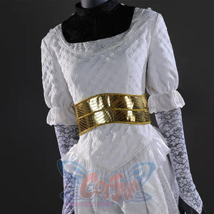 Front view of Gwyndolin’s cosplay upper body, featuring a white quilted top with a gold belt and black lace detail.
