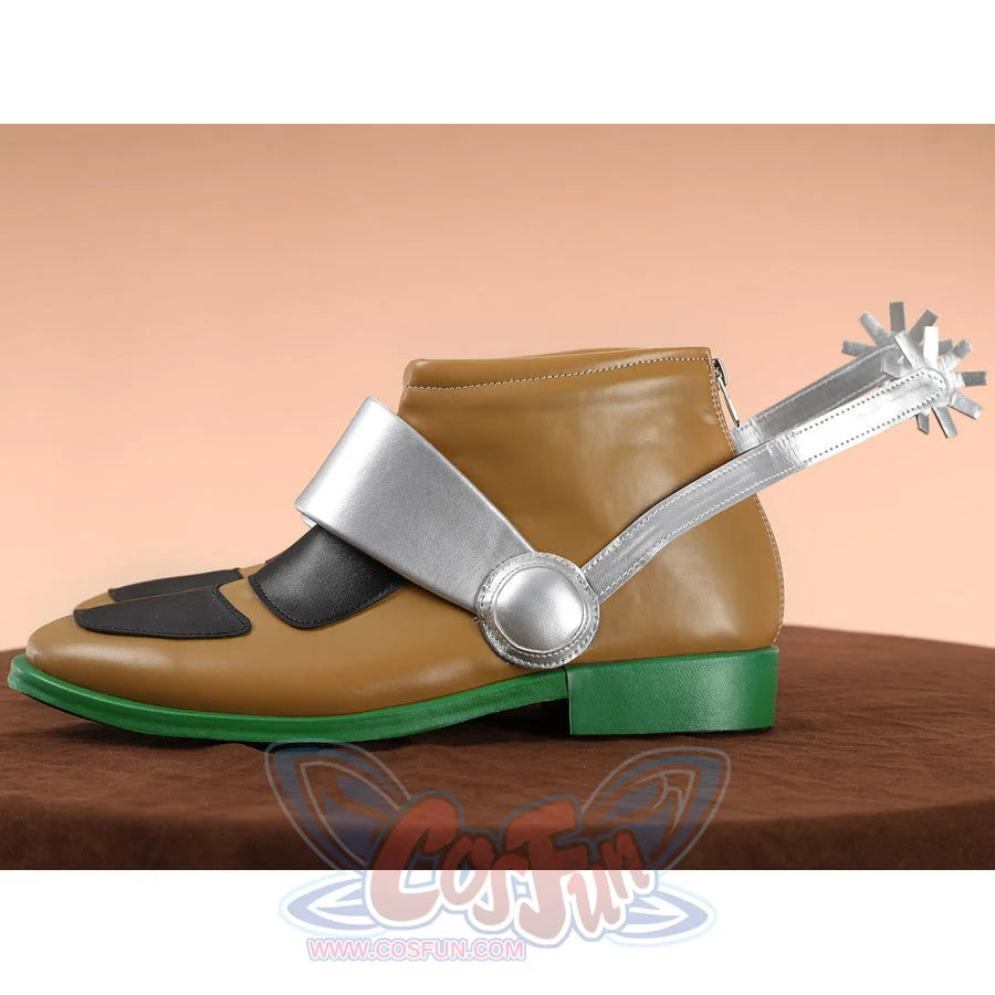 Gyro Zeppeli cosplay boot side view highlighting silver spur and ball detail, brown leather, and green sole
