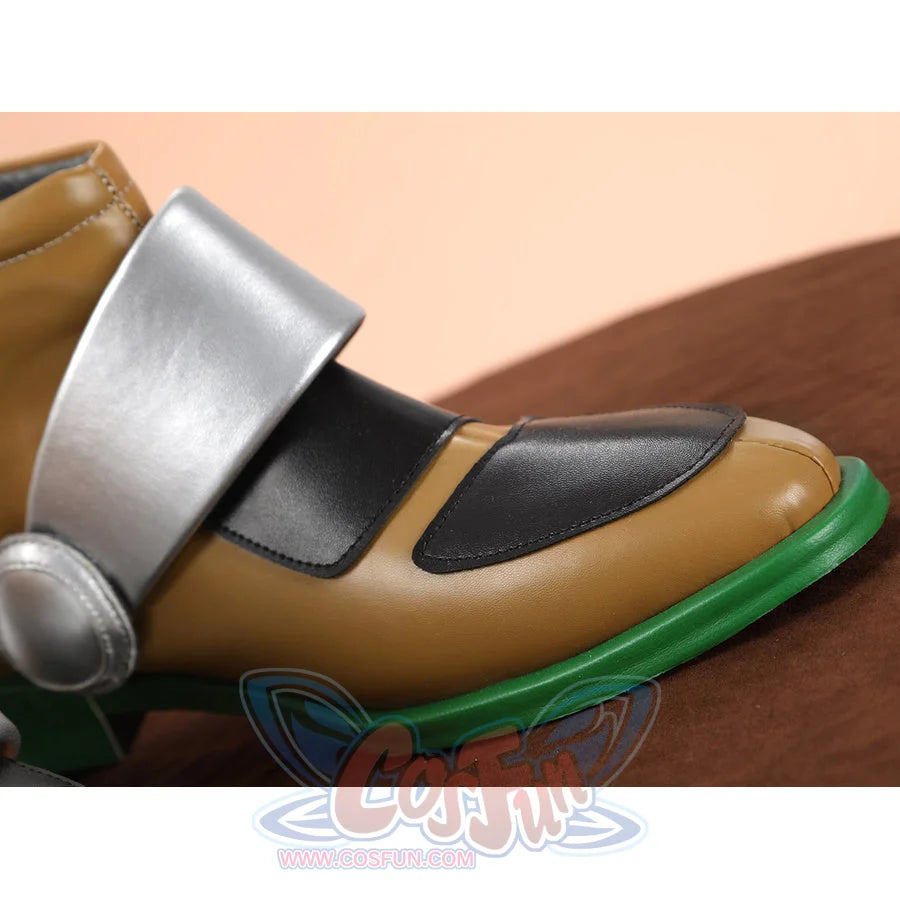 Gyro Zeppeli cosplay boot close-up side view of toe area with black panel, silver strap, and green sole