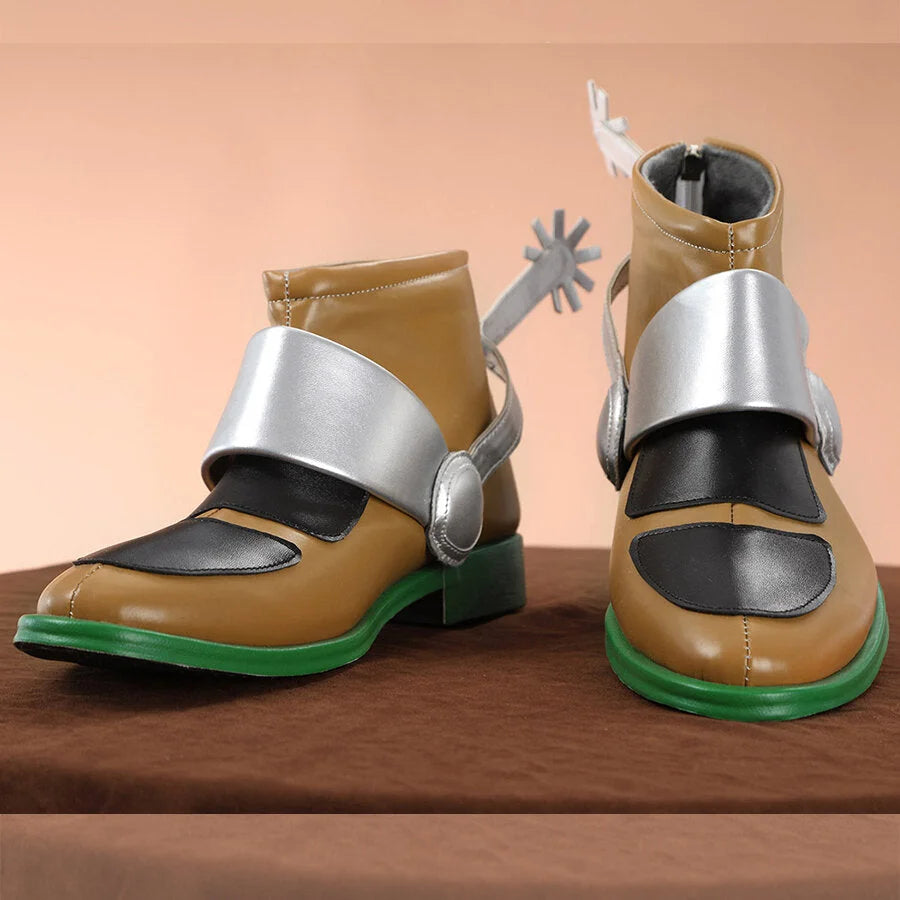 Gyro Zeppeli cosplay boots with silver metallic straps, brown leather, black panels, green soles, and spur