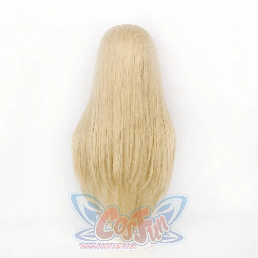 Back view of Gyro Zeppeli cosplay wig showing long gold straight hair texture on mannequin