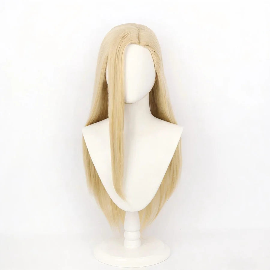 Anime Gyro Zeppeli cosplay wig with long straight gold hair displayed on a mannequin head
