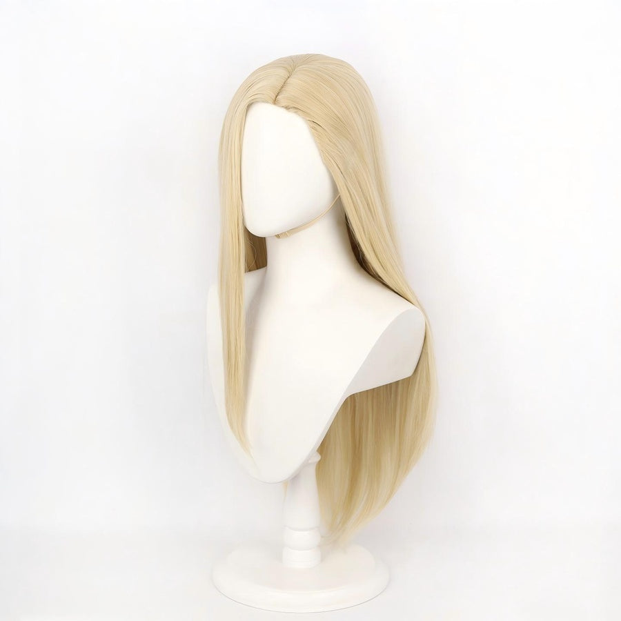 Side profile of Gyro Zeppeli cosplay wig with long gold straight hair on mannequin head