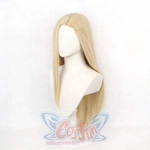 Side profile of Gyro Zeppeli cosplay wig with long gold straight hair on mannequin head