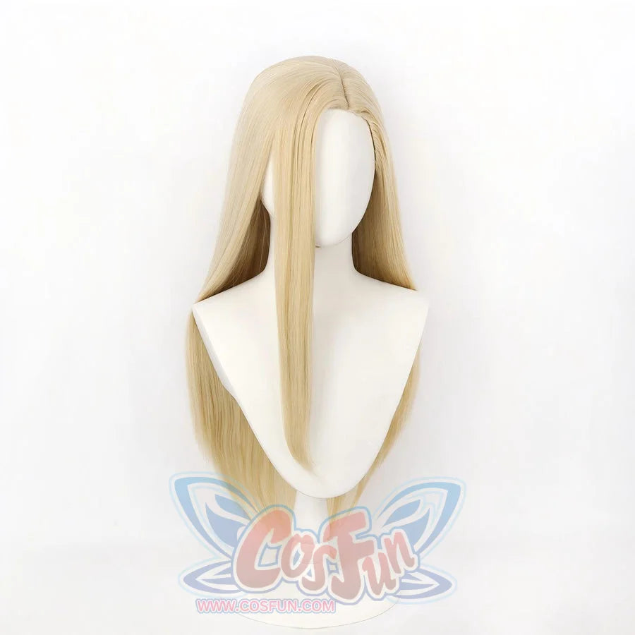 Front view of Gyro Zeppeli cosplay wig with long gold straight hair on mannequin head