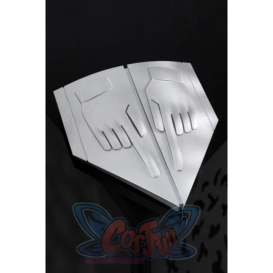 Gyro Zeppeli cosplay belt buckle prop shown at angle with hand wing embossed design