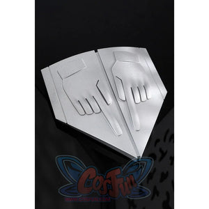 Gyro Zeppeli cosplay belt buckle prop shown at angle with hand wing embossed design