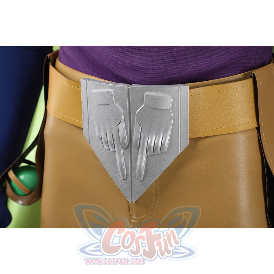 Gyro Zeppeli cosplay belt buckle with silver wing design on tan pants close-up