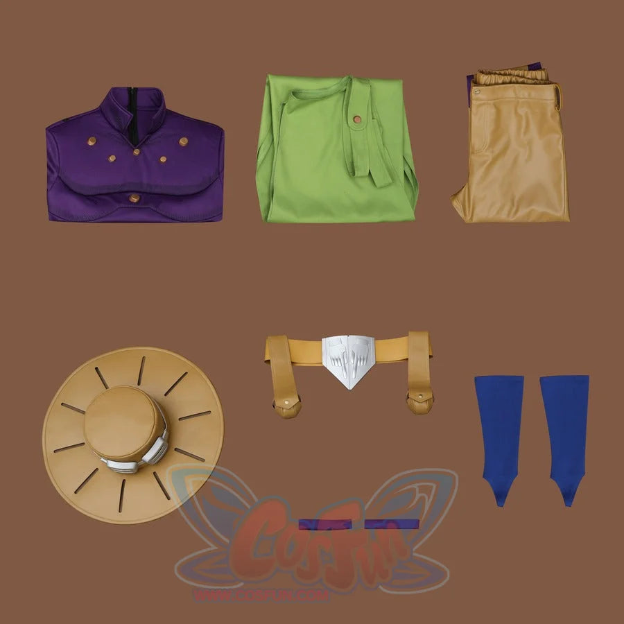 Gyro Zeppeli cosplay complete costume set flat lay with all pieces and accessories organized display