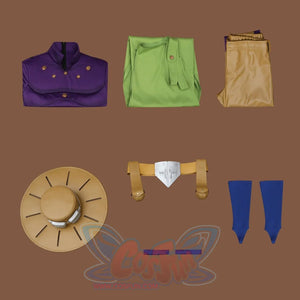 Gyro Zeppeli cosplay complete costume set flat lay with all pieces and accessories organized display