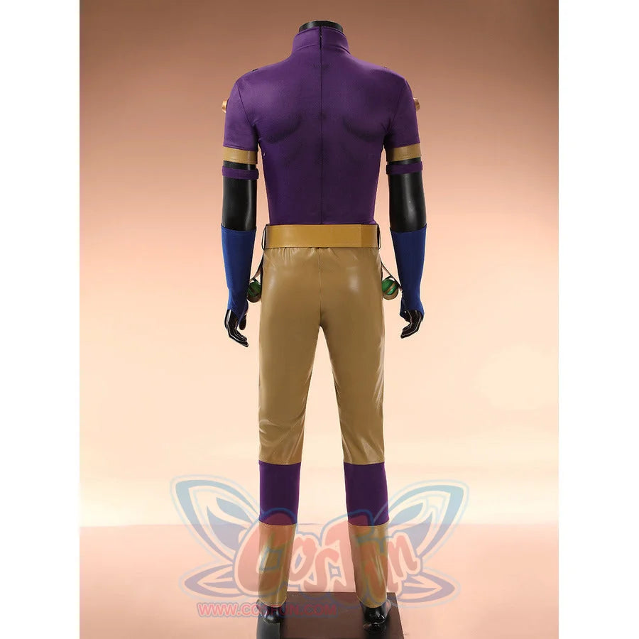 Anime Gyro Zeppeli cosplay costume traces gold arm bands and blue gloves across a rear view of the purple top.