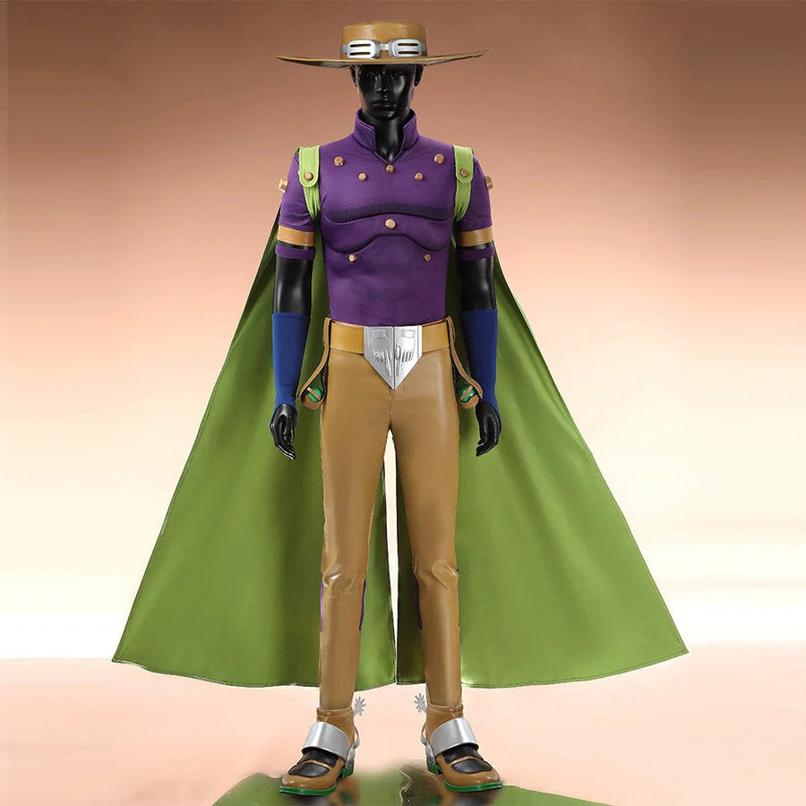 Gyro Zeppeli cosplay costume full set with green cape, purple top, tan pants, and hat