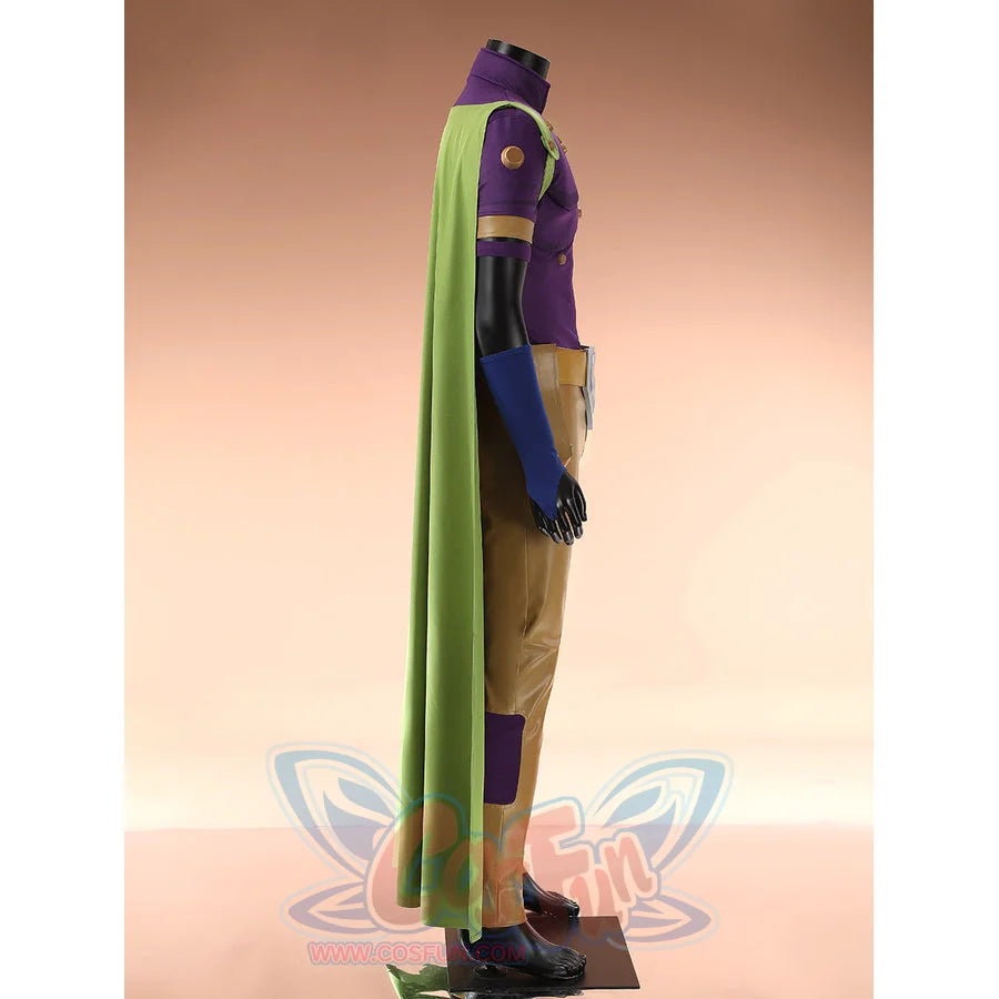 Gyro Zeppeli cosplay costume left side view displaying the full green cape and purple top