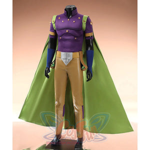Gyro Zeppeli cosplay costume side angle view with green cape and purple top
