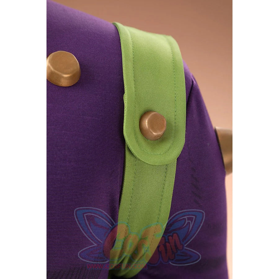 Gyro Zeppeli cosplay green strap with brass button fasteners on purple top detail