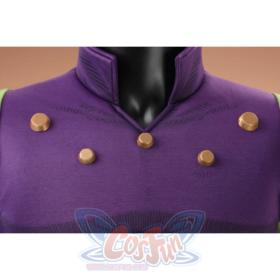 Gyro Zeppeli cosplay purple top close-up showing collar and brass button details